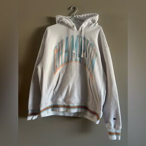 VTG Champion White Hoodie with Blue and Orange Accents